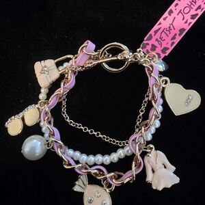 Betsey Johnson Pink and Gold Charm Bracelet with Pearls